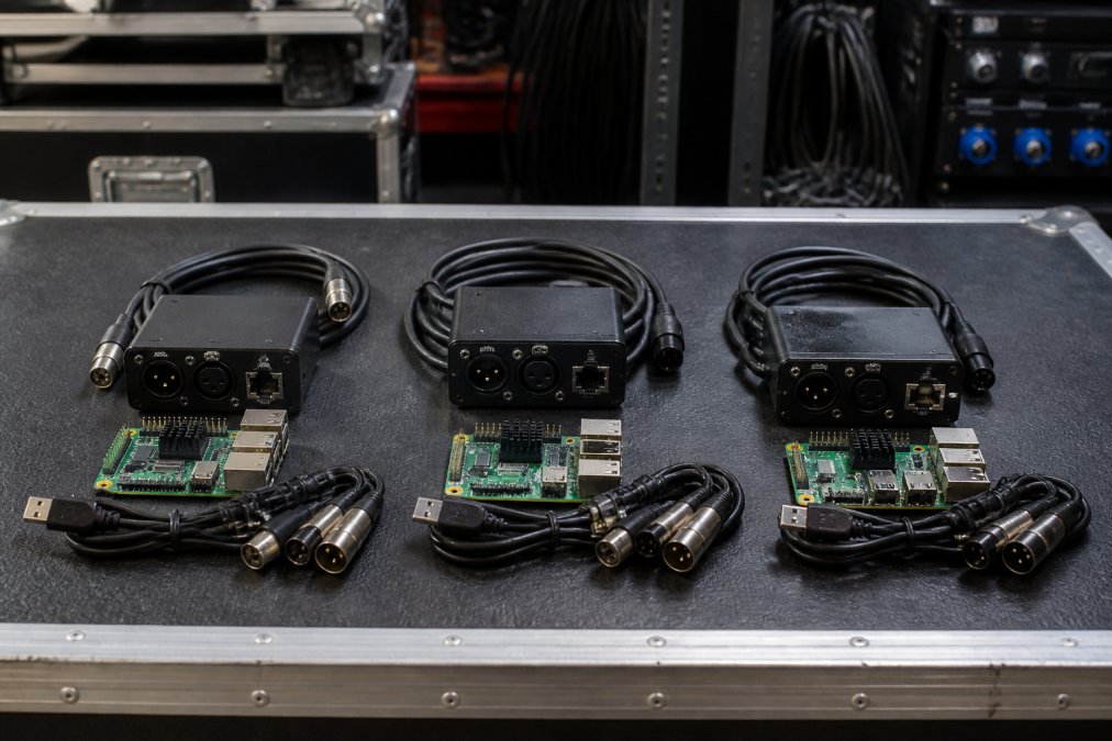 A professional AV setup table displaying three DMXSmartLink HUB kits, each with a Raspberry Pi hub, USB interfaces, arranged neatly under bright workbench lighting