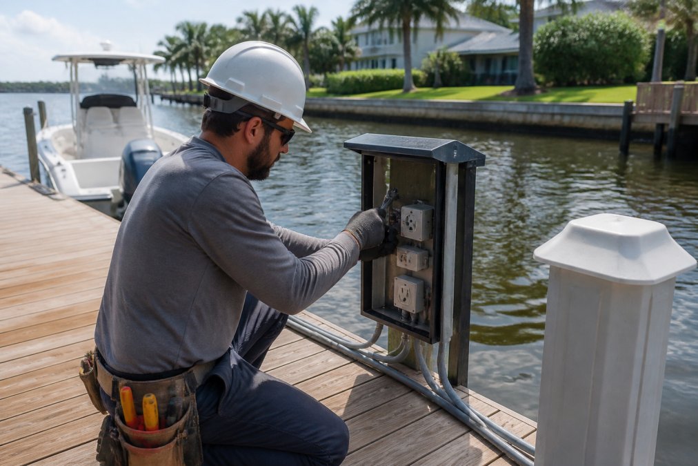 Licensed electrician in safety gear installing marine-grade electrical components on a residential dock, with waterfront and boat in background