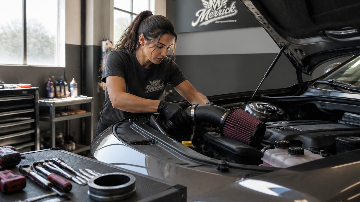 Professional mechanic installing a cold air intake on a Dodge Charger in a well-lit garage with engine bay open, tools organized on a workbench, natural daylight streaming through windows