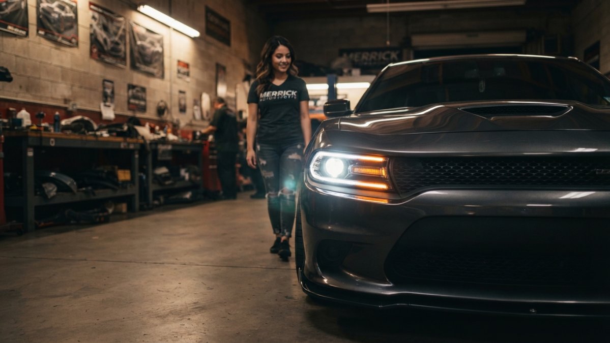 Close-up of a dark gray Dodge Charger parked in a garage at night, its new LED projector headlights and sequential amber turn signals glowing brightly against the dark background