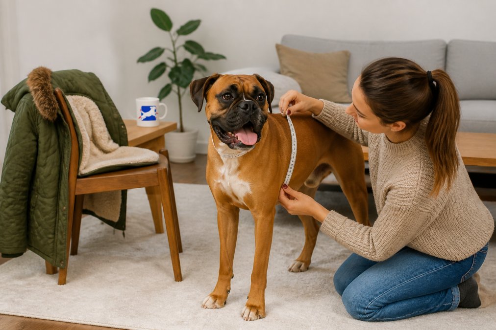 A dog owner kneeling beside a medium-sized dog on a living room floor, holding a soft measuring tape around the dog's chest while the dog stands calmly, with a winter coat draped over a chair nearby