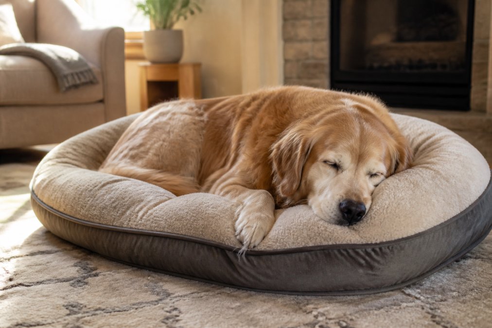 A senior golden retriever with grey around the muzzle sleeping peacefully on a thick, plush orthopedic dog bed in a warm living room, soft afternoon light, cozy home setting
