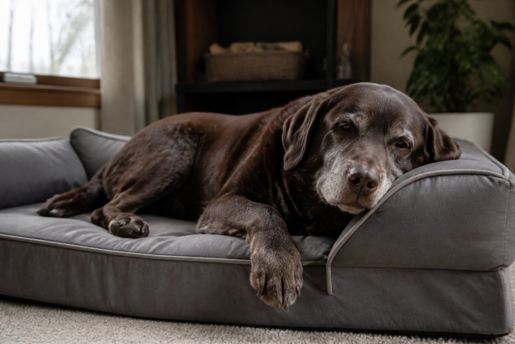 A senior dog resting peacefully on a supportive orthopaedic bed with visible greying around the muzzle, comfortable posture with head resting on the bolstered side, natural home lighting