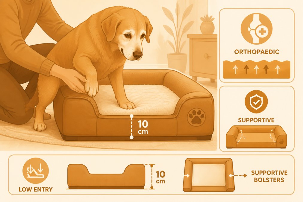 An elderly dog's paws being gently guided onto a low-entry orthopaedic bed by an owner's hands, showing the accessible entry height and supportive bolstered sides, warm indoor lighting