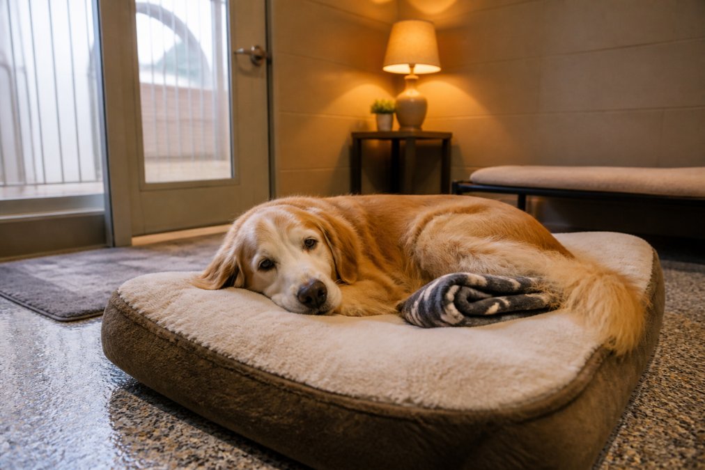 An older golden retriever resting comfortably on a plush orthopedic bed inside a spacious, softly lit boarding suite with warm ambient lighting and a folded fleece blanket nearby