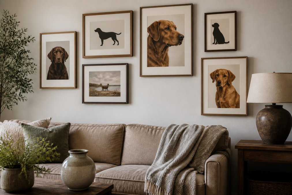 A cozy living room wall with a gallery of framed dog breed portraits and silhouettes, Chesapeake Bay Retriever and Vizsla artwork among neutral-toned frames, styled with a throw blanket and a ceramic vase