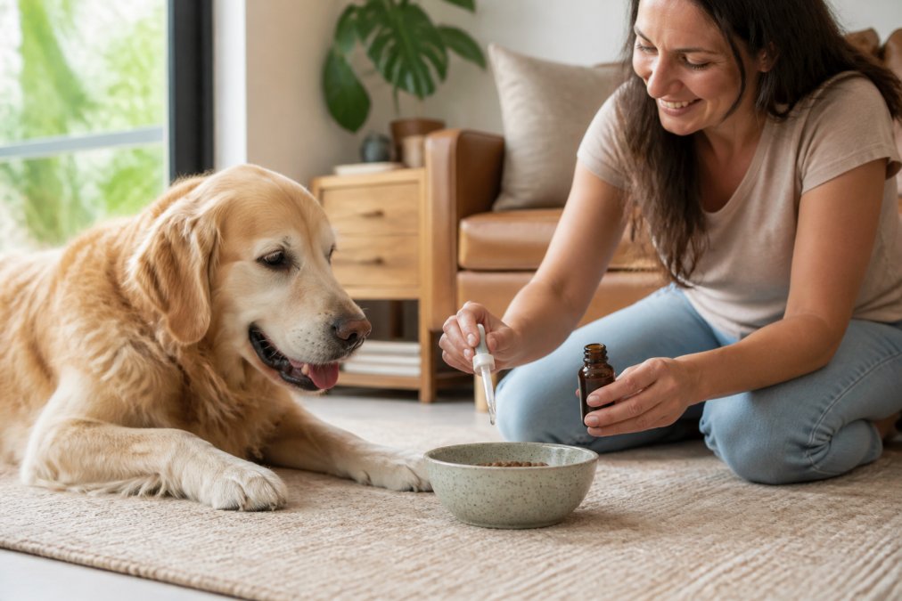 Golden retriever resting calmly as its owner uses dog calming products to add drops to a food bowl.