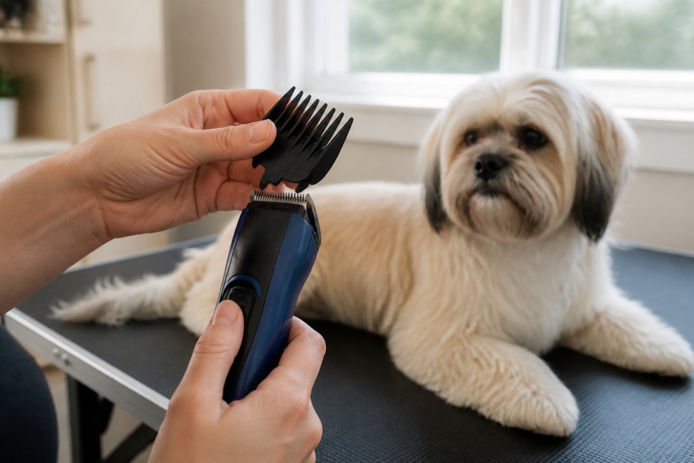 Step-by-step guide for attaching snap-on dog clipper attachments to cordless clippers during a grooming session