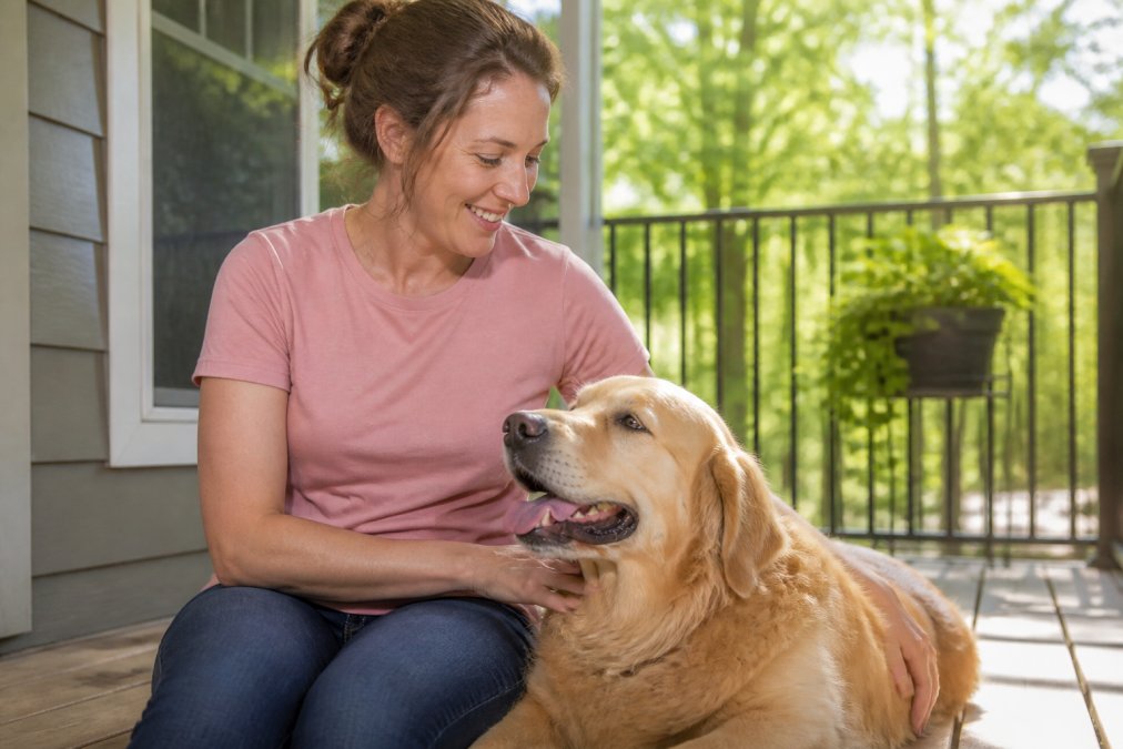 Woman in a MyRadTee dog clothing brand shirt petting her golden retriever on a sunny porch