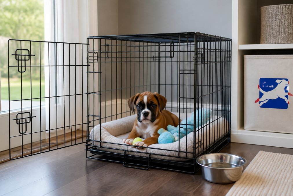 Young puppy inside a wire crate with the door open, showing a comfortable bed, water bowl, and toys visible through the crate bars, natural daylight from nearby window
