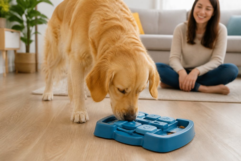 A happy golden retriever nosing at a blue plastic puzzle feeder on a light wood floor in a bright living room, with a few kibble pieces visible in the compartments and a woman smiling in the background