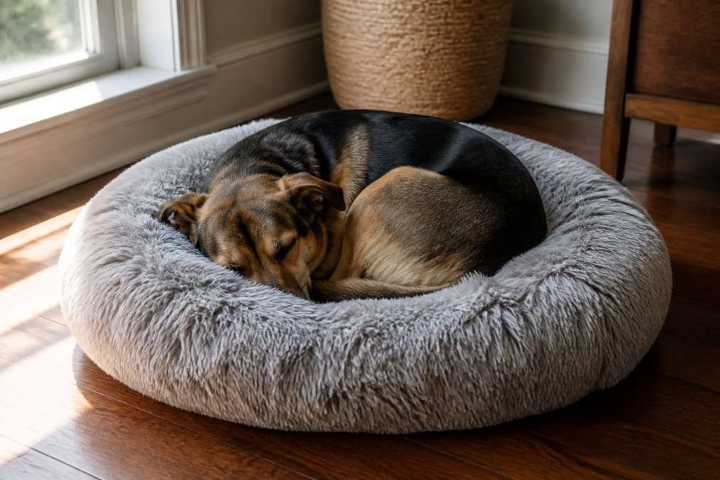 A medium-sized rescue dog curled tightly in a plush donut-shaped bed on a hardwood floor, soft afternoon light through a window, relaxed sleeping posture