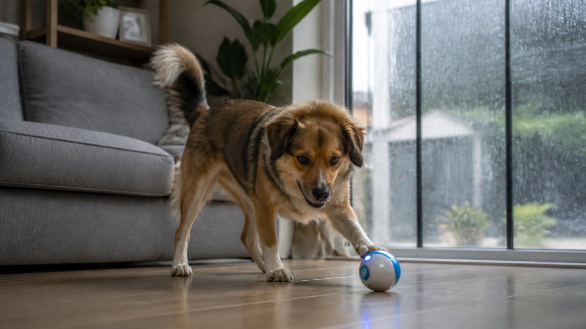 A medium-sized dog plays with a motion-activated rolling ball in a sunny living room while it rains outside.