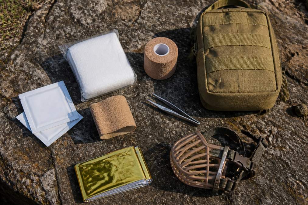 Overhead flat-lay of dog first aid supplies arranged on a weathered outdoor surface: sterile gauze pads, self-adherent wrap, antiseptic wipes, tweezers, emergency blanket, compact muzzle, and a small backpack kit container with natural sunlight