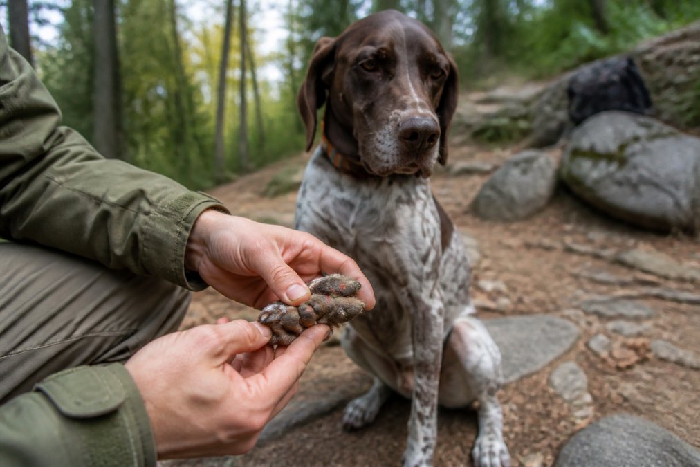 Close-up of a handler's hands carefully examining a dog's front paw pad on a rocky trail, demonstrating proper wound inspection technique while the dog sits calmly, with natural forest lighting