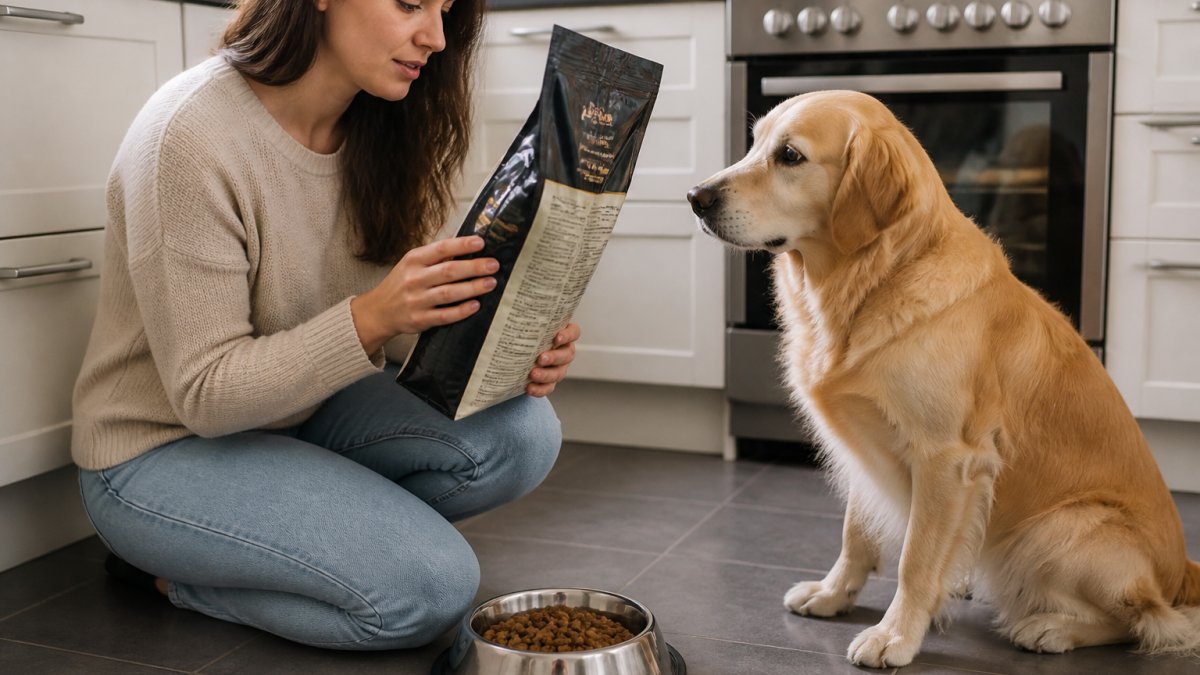 A dog owner kneeling on a kitchen floor beside a bowl of dry kibble, holding a bag of limited-ingredient dog food and reading the ingredient panel, with a golden retriever watching attentively