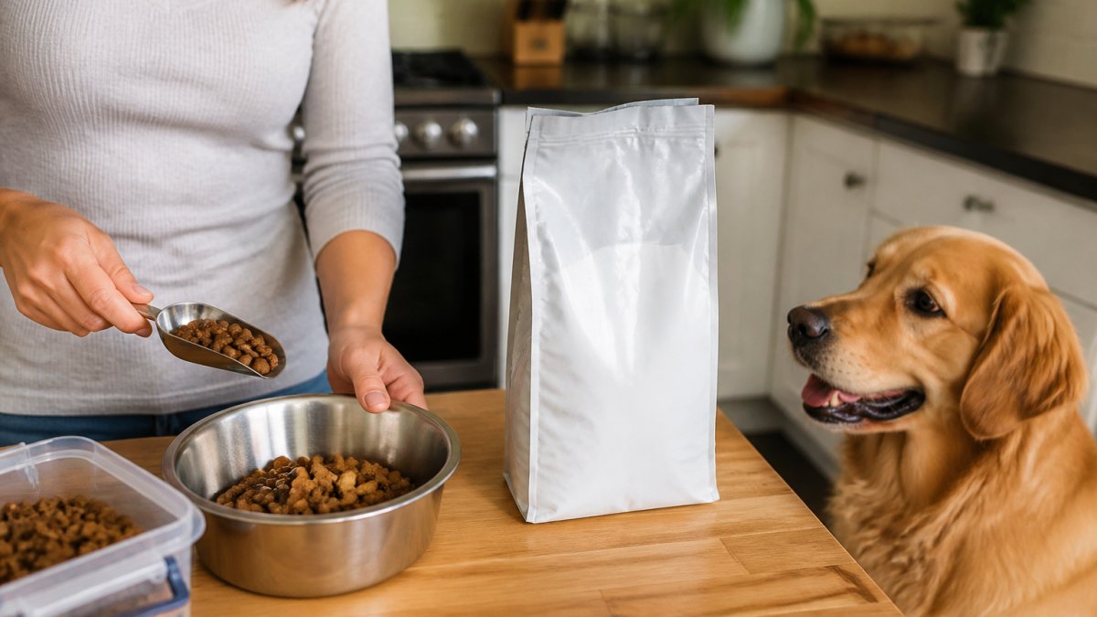 Owner mixing new dry kibble into a bowl of food for a patient golden retriever in a home kitchen