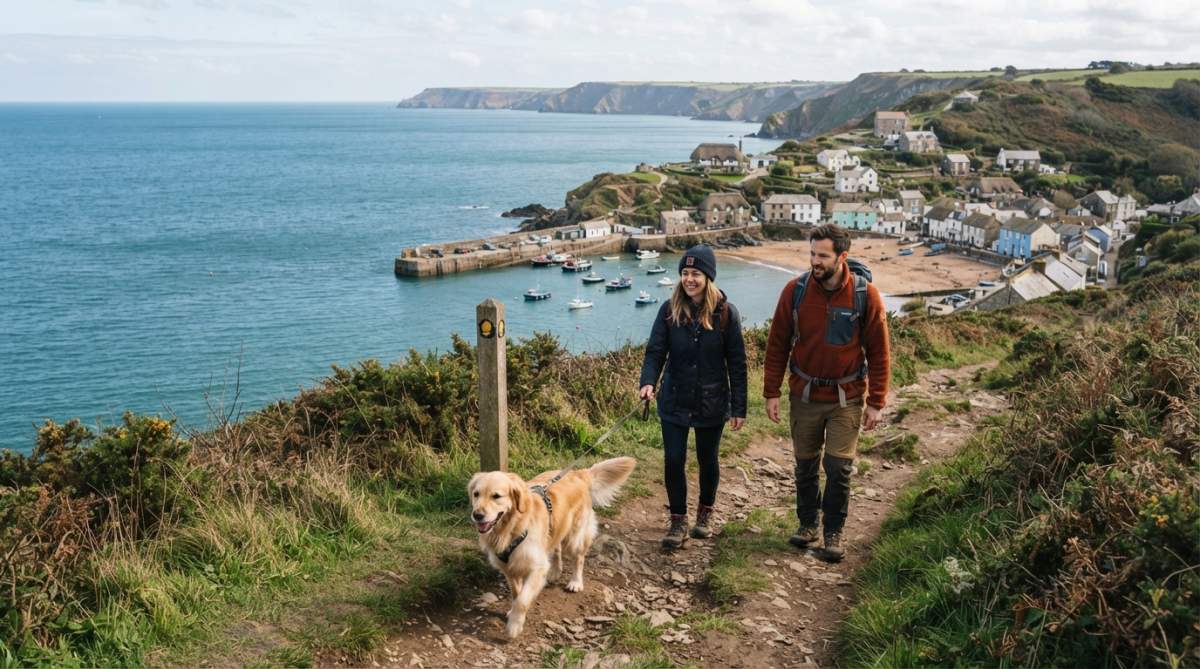 A dog walking along a coastal cliff path with dramatic sea views, rocky outcrops, and lush green vegetation visible in the foreground, South Devon coastal landscape under partly cloudy skies