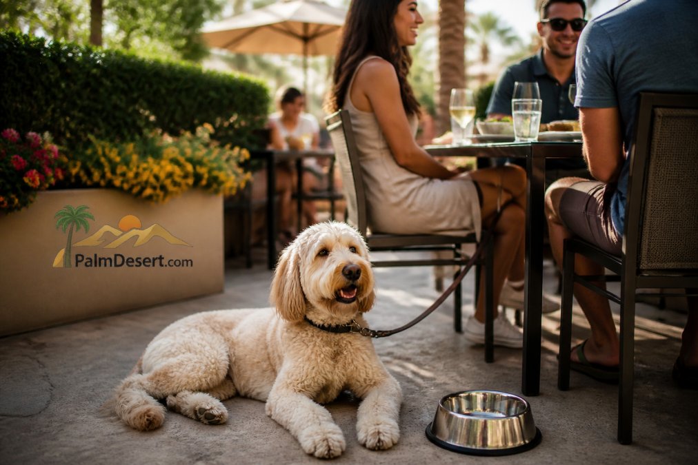 A calm, well-behaved dog lying beside a patio table at a sunny outdoor restaurant, with a water bowl nearby and diners enjoying their meal in the background