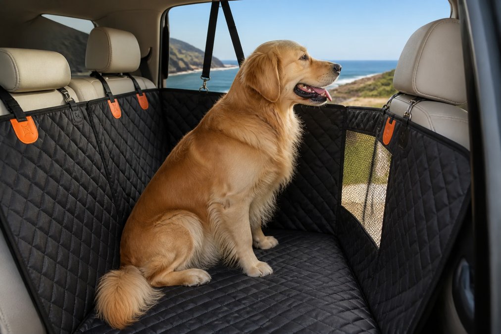 A golden retriever sitting comfortably in a car back seat protected by a waterproof seat cover with mesh window visible, looking out the window during a sunny road trip