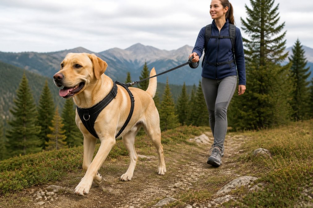A large dog wearing a reflective no-pull harness being walked on a retractable leash by an owner on a scenic outdoor trail with trees in background