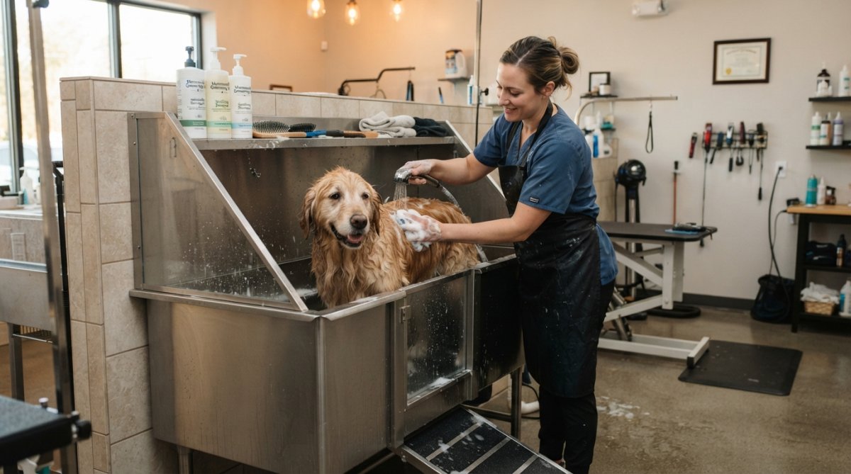 Professional groomer carefully bathing a golden retriever in a modern salon with stainless steel tub, warm lighting, and specialized grooming equipment visible on shelves
