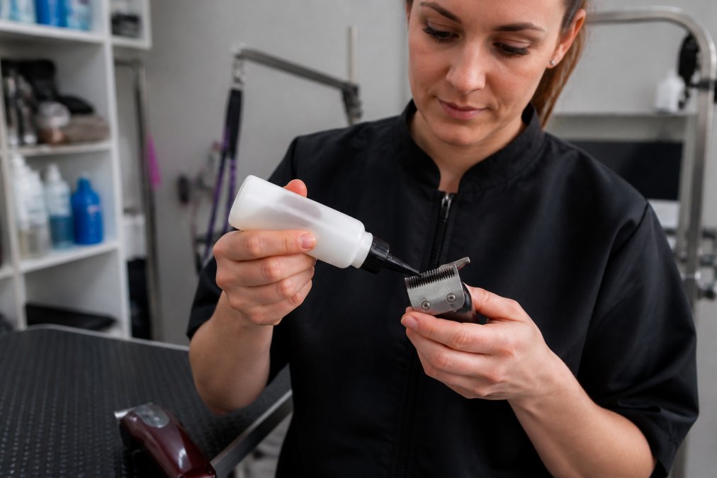 Professional groomer applying clipper oil to blade with precision nozzle, showing proper application technique in well-lit grooming workspace
