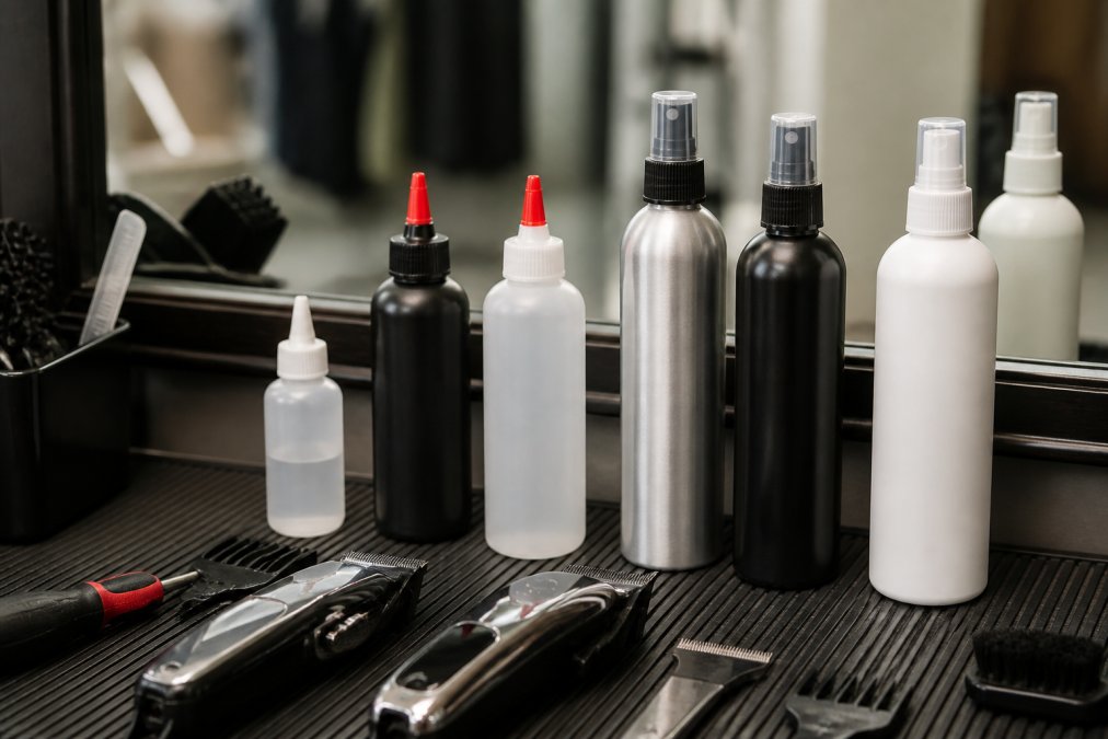 Assorted clipper oil and coolant spray bottles arranged on grooming workspace with clippers and maintenance tools in professional setting
