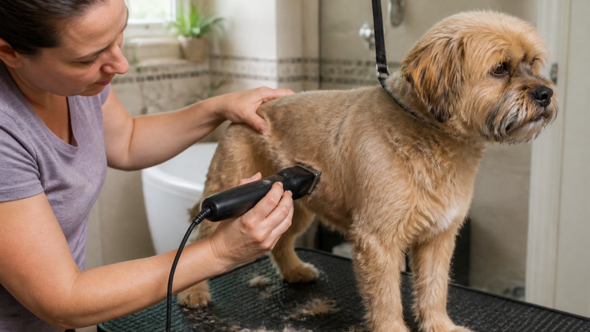 Pet owner demonstrating proper clipper technique on a calm dog's coat, showing correct hand positioning and angle, with natural lighting in a home grooming setup
