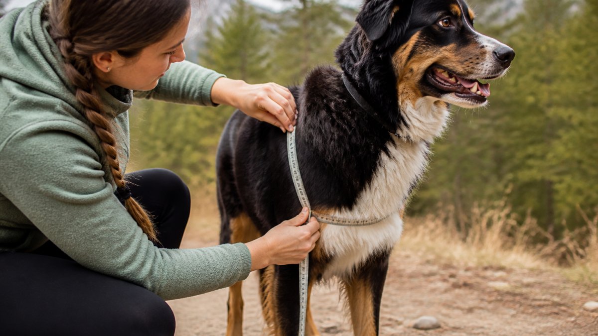 Owner measuring a large dog's chest girth with a soft measuring tape, showing proper placement around the widest part of the chest