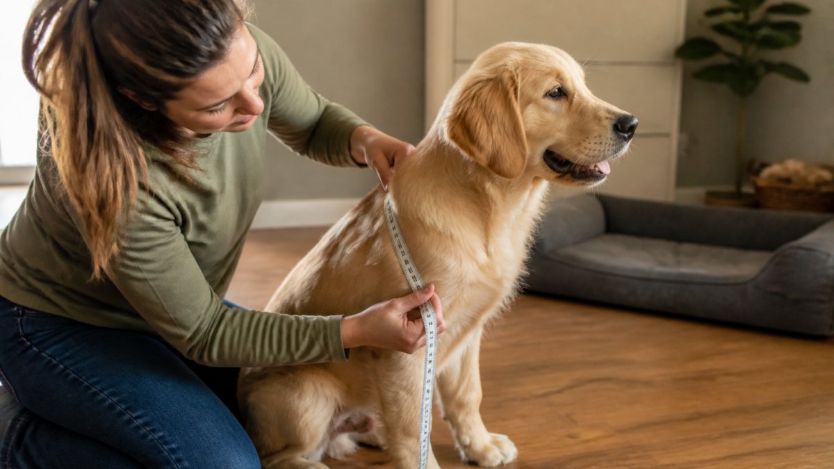 Dog owner measuring their large puppy's chest and girth with a soft measuring tape, showing proper placement around the widest part of the chest and rib cage