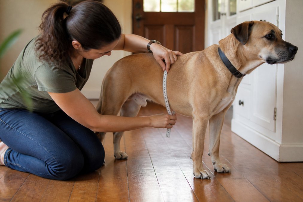 Person using a soft measuring tape to measure a dog’s chest for a harness fit