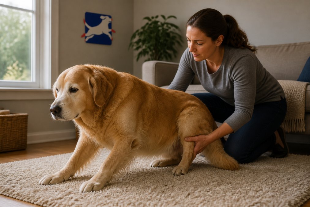 A senior golden retriever lying on a soft rug, looking slightly stiff as it tries to stand up, with a concerned owner kneeling nearby to gently support its hind legs in a warm living room setting