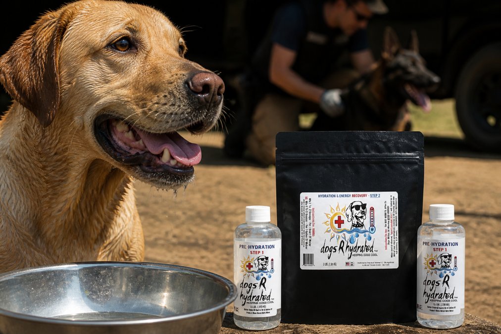 Close-up of a working dog with water droplets on its face and fur, appearing alert and focused after physical exertion, with a hydration drink or water visible in the foreground