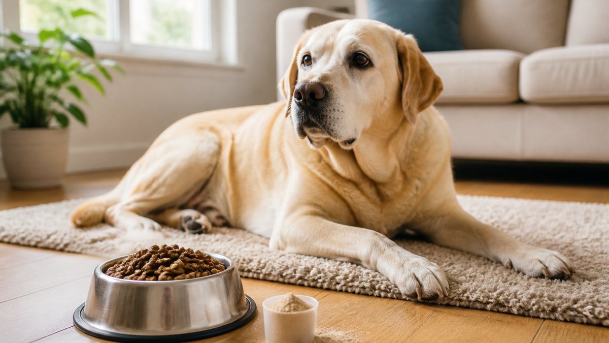 Senior Labrador resting on a rug beside a bowl of food and a scoop of joint supplement powder