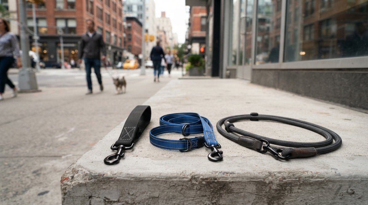 A dog walker holding multiple types of leashes standing on a busy London street with buildings, traffic, and pedestrians visible in the background during daytime