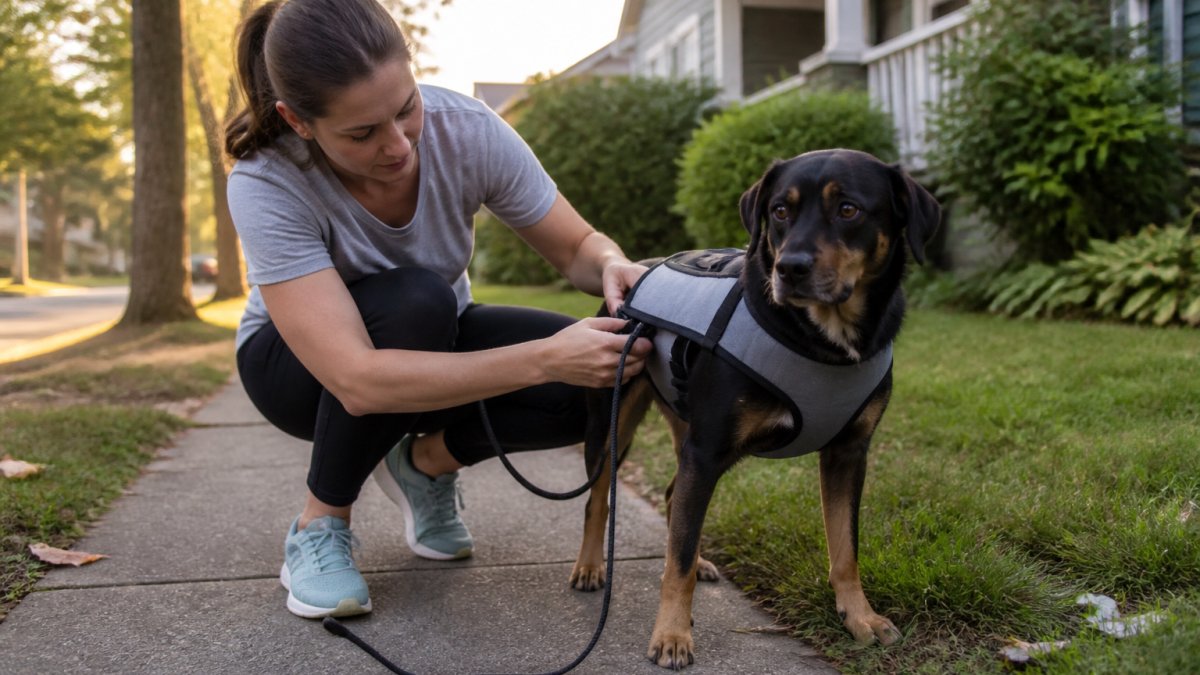 A woman in a casual graphic tee crouching to clip a harness onto a medium-sized nervous dog on a quiet suburban sidewalk, morning light, leash in one hand, calm and unhurried body language