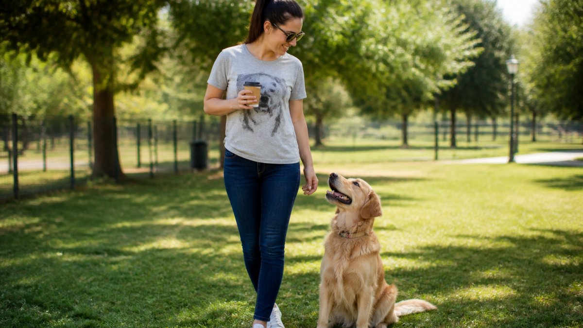 Woman in a dog mom graphic tee and jeans drinking coffee with a golden retriever at a sunny park