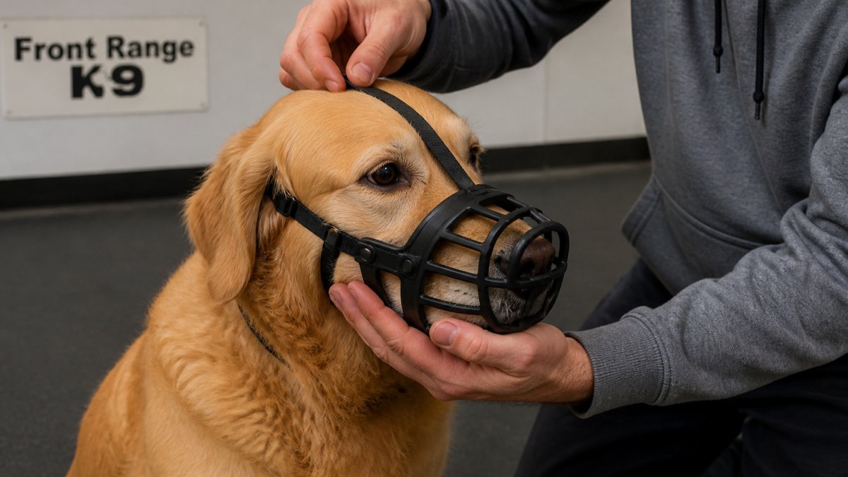 Dog owner gently positioning a basket muzzle on a medium-sized golden retriever's snout indoors, showing proper fit with snout fully inside the basket opening and straps positioned behind the ears