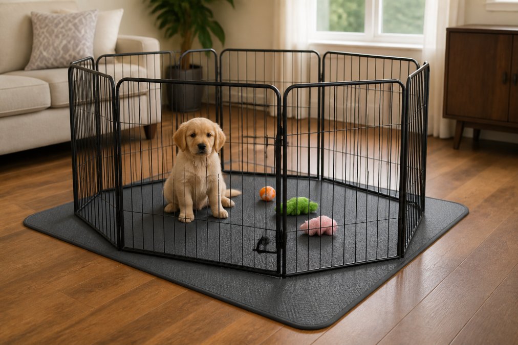 A small puppy sitting inside a metal playpen set up on a hardwood floor in a bright living room, with a protective mat underneath the pen and a few toys inside