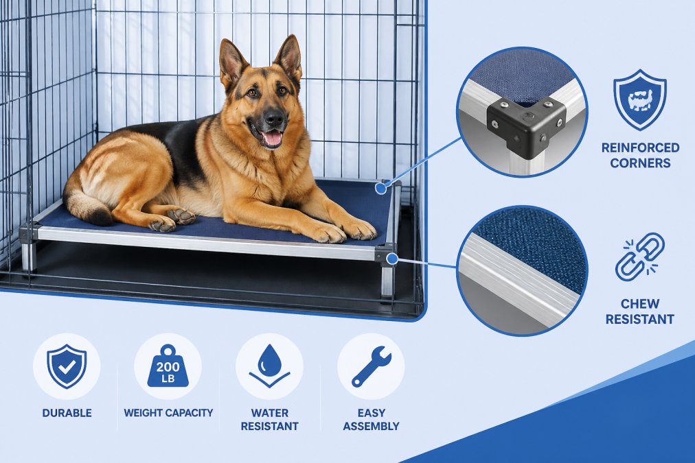 Large dog resting on a heavy-duty aluminum-frame crate bed, showing the reinforced corners and durable construction designed to withstand aggressive chewing, photographed in natural daylight