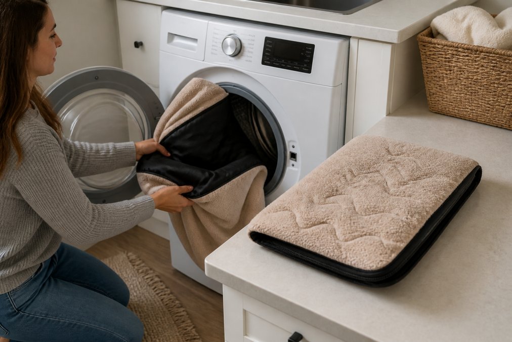 Person removing a removable washable crate pad cover and placing it into a washing machine, with a clean replacement pad visible on the counter, demonstrating the ease of maintenance
