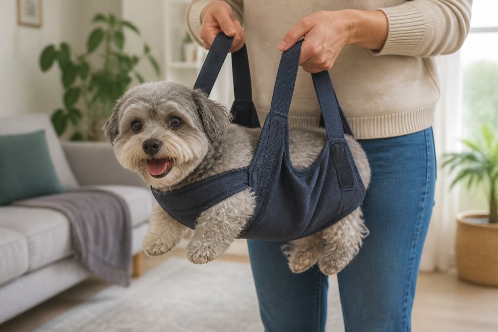 A close-up photo of a happy senior small-breed dog with gray fur being gently lifted and supported by a caregiver using a padded fabric dog sling under its belly, set in a bright living room