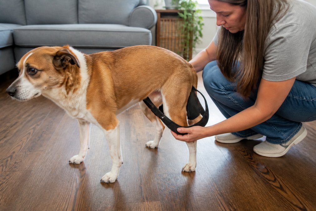 Dog owner gently placing a support sling under a medium-sized dog's hind legs while the dog stands on a hardwood floor, showing proper hand placement and positioning