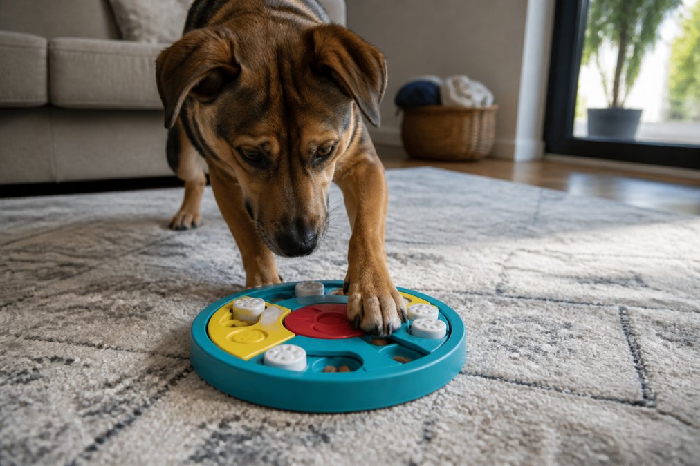 A medium-sized dog eagerly pawing at a colorful puzzle toy on a living room rug, treats visible in the compartments, soft afternoon light through a window