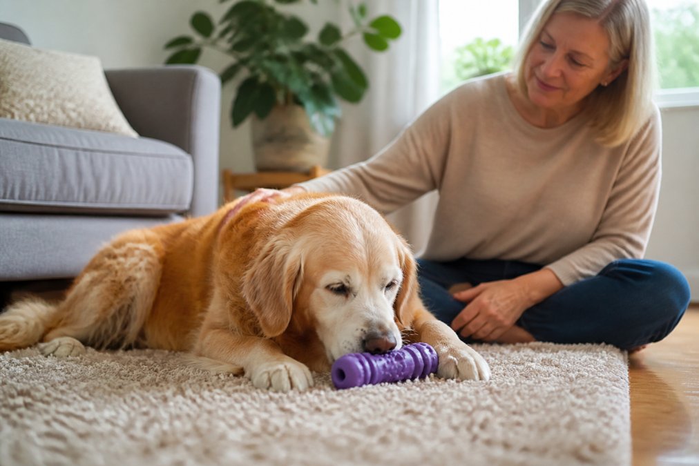 Senior golden retriever playing with one of the best dog toys for senior dogs while resting on a soft rug