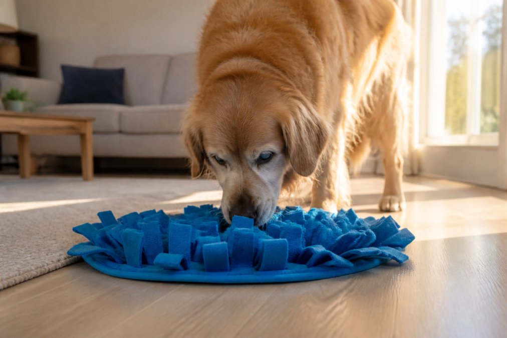 A golden retriever with cloudy eyes happily sniffing a bright blue snuffle mat placed on a living room floor, warm afternoon light streaming through a window