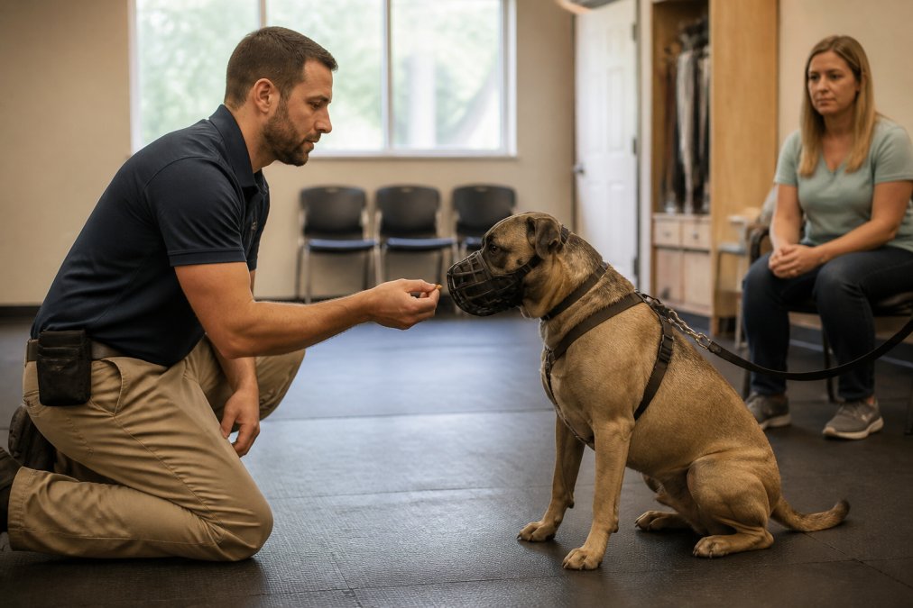 Professional trainer rewarding a muzzled dog with a treat during a dog training for aggression session