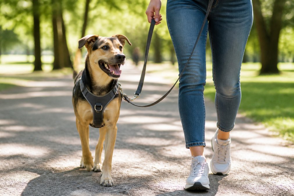 A happy medium-sized dog wearing a padded front-clip harness, walking calmly on a leash next to its owner in a sunlit park during a training session