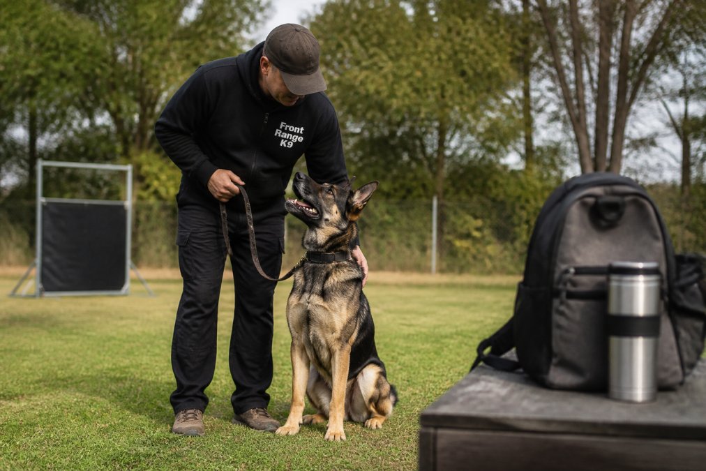 Professional dog trainer working one-on-one with a German Shepherd in an outdoor training field, demonstrating engagement and focus during a private session with natural daylight